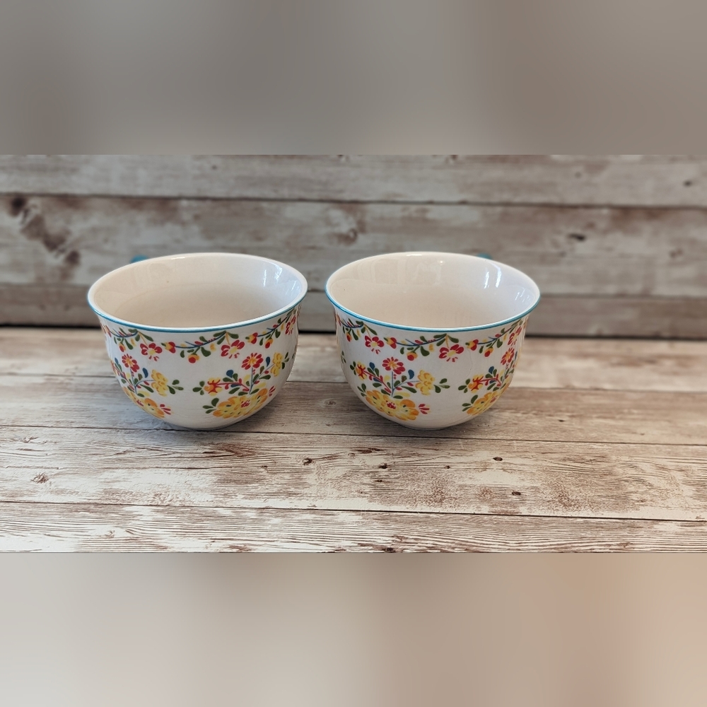 Anthropologie Hand Painted Pair Teacups Folk Floral Coffee Mug Cups - Picture 4 of 5